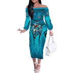 Cronulla Sutherland Sharks Rugby Off The Shoulder Long Sleeve Dress Polynesian Tribal Shark Warrior Ocean Blue Pattern