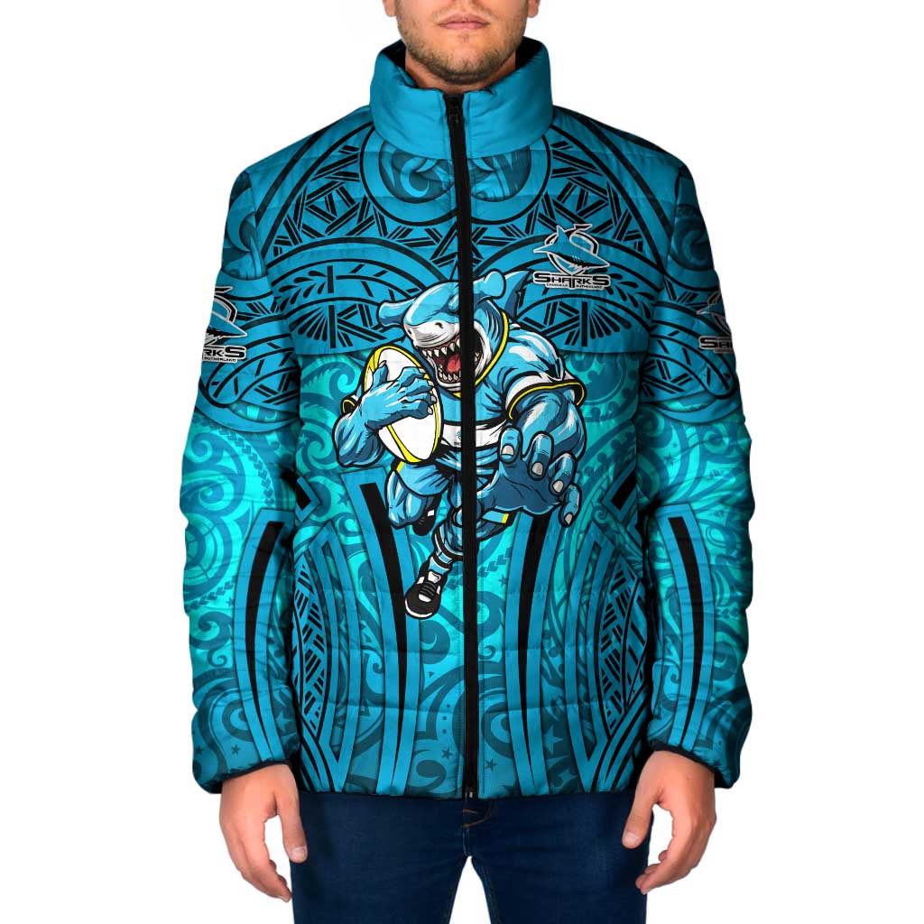 Cronulla Sutherland Sharks Rugby Padded Jacket Polynesian Tribal Shark Warrior Ocean Blue Pattern