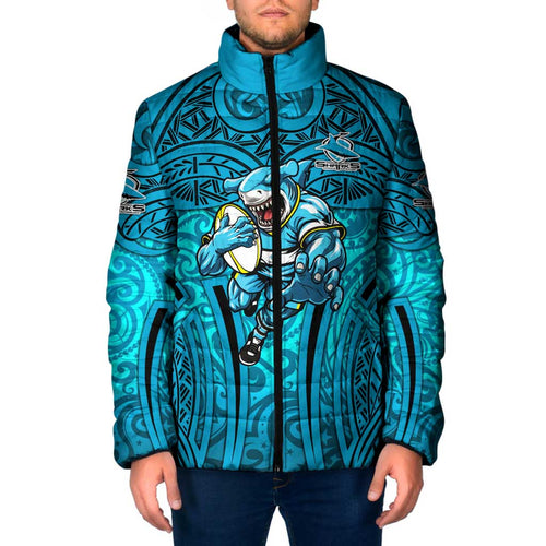 Cronulla Sutherland Sharks Rugby Padded Jacket Polynesian Tribal Shark Warrior Ocean Blue Pattern