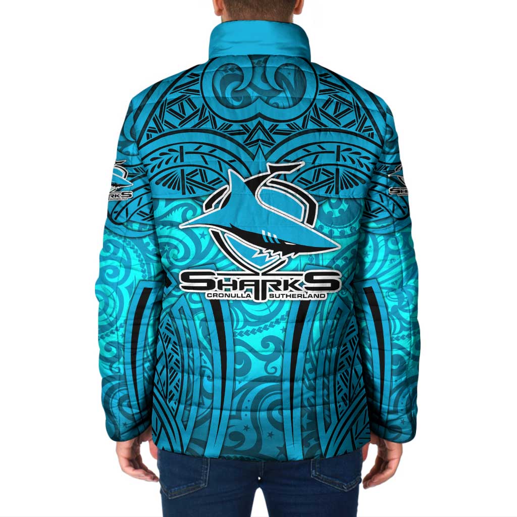 Cronulla Sutherland Sharks Rugby Padded Jacket Polynesian Tribal Shark Warrior Ocean Blue Pattern