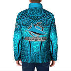 Cronulla Sutherland Sharks Rugby Padded Jacket Polynesian Tribal Shark Warrior Ocean Blue Pattern