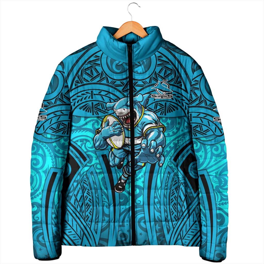 Cronulla Sutherland Sharks Rugby Padded Jacket Polynesian Tribal Shark Warrior Ocean Blue Pattern