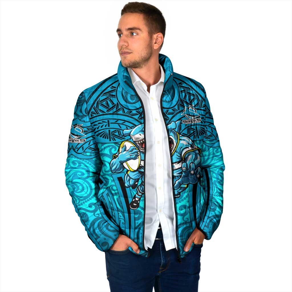 Cronulla Sutherland Sharks Rugby Padded Jacket Polynesian Tribal Shark Warrior Ocean Blue Pattern