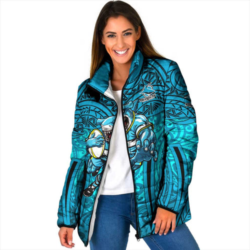 Cronulla Sutherland Sharks Rugby Padded Jacket Polynesian Tribal Shark Warrior Ocean Blue Pattern