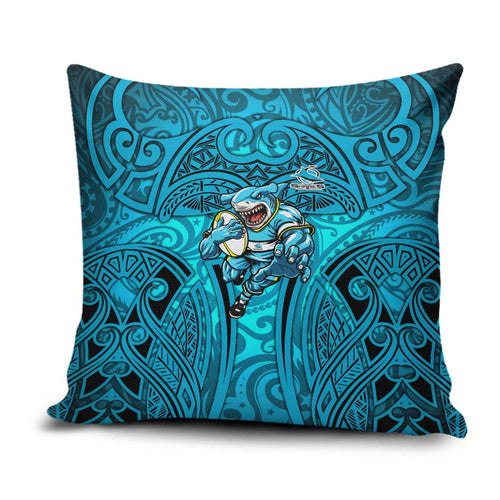 Cronulla Sutherland Sharks Rugby Pillow Cover Polynesian Tribal Shark Warrior Ocean Blue Pattern