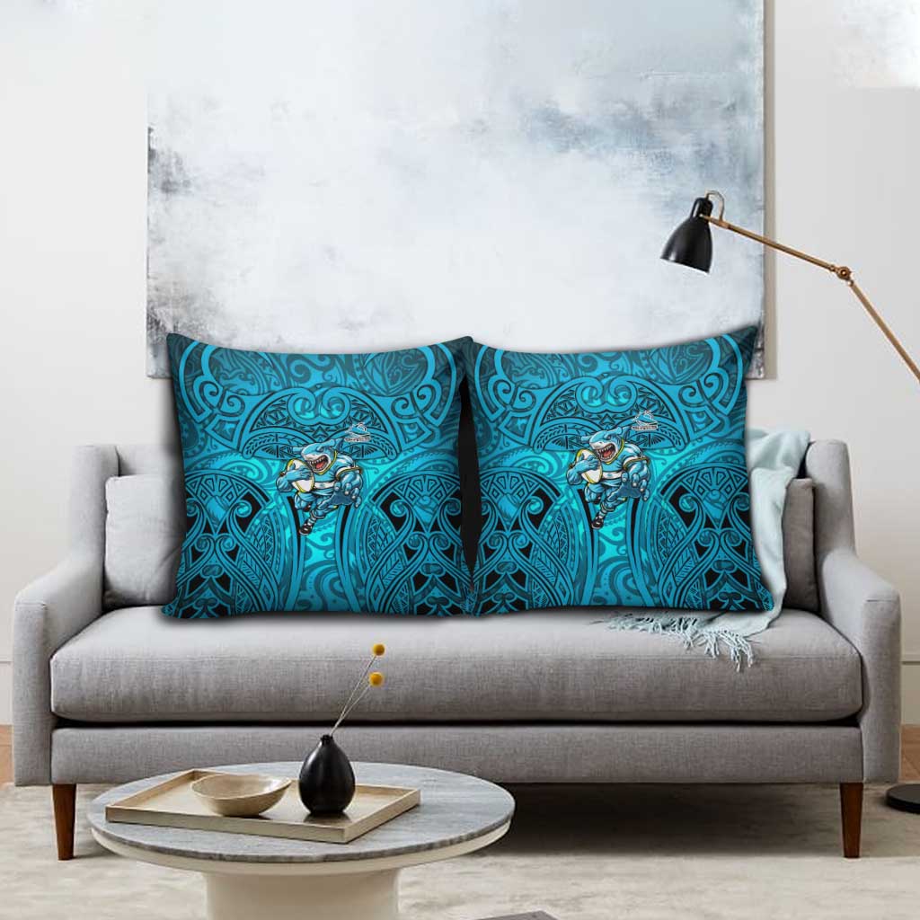 Cronulla Sutherland Sharks Rugby Pillow Cover Polynesian Tribal Shark Warrior Ocean Blue Pattern