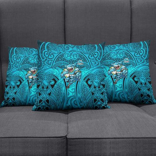 Cronulla Sutherland Sharks Rugby Pillow Cover Polynesian Tribal Shark Warrior Ocean Blue Pattern