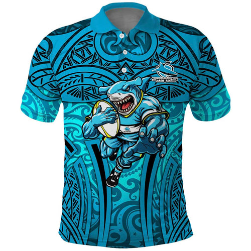 Cronulla Sutherland Sharks Rugby Polo Shirt Polynesian Tribal Shark Warrior Ocean Blue Pattern