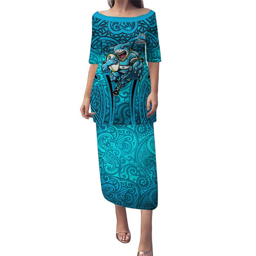Cronulla Sutherland Sharks Rugby Puletasi Polynesian Tribal Shark Warrior Ocean Blue Pattern