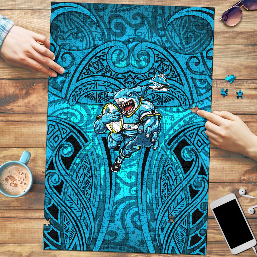 Cronulla Sutherland Sharks Rugby Puzzle Polynesian Tribal Shark Warrior Ocean Blue Pattern