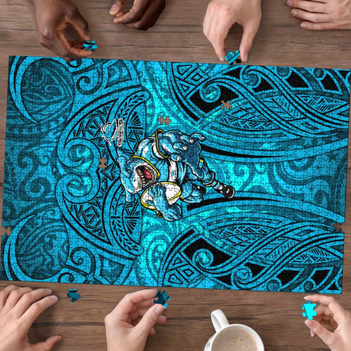 Cronulla Sutherland Sharks Rugby Puzzle Polynesian Tribal Shark Warrior Ocean Blue Pattern
