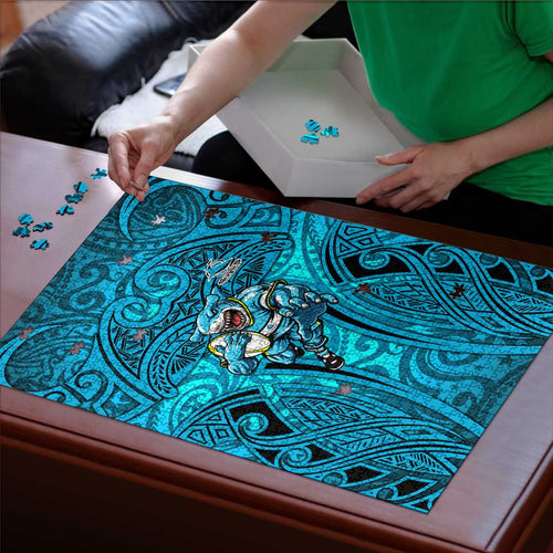 Cronulla Sutherland Sharks Rugby Puzzle Polynesian Tribal Shark Warrior Ocean Blue Pattern