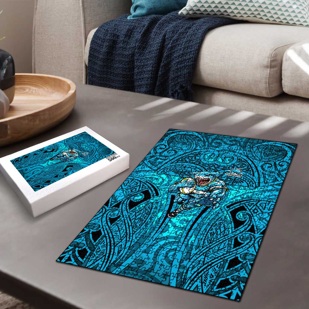 Cronulla Sutherland Sharks Rugby Puzzle Polynesian Tribal Shark Warrior Ocean Blue Pattern