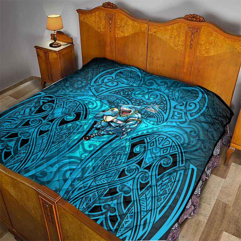 Cronulla Sutherland Sharks Rugby Quilt Polynesian Tribal Shark Warrior Ocean Blue Pattern
