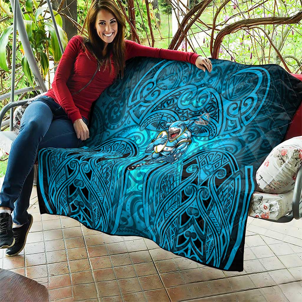 Cronulla Sutherland Sharks Rugby Quilt Polynesian Tribal Shark Warrior Ocean Blue Pattern