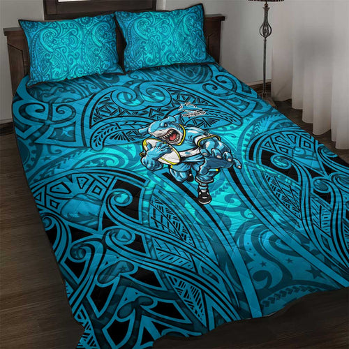 Cronulla Sutherland Sharks Rugby Quilt Bed Set Polynesian Tribal Shark Warrior Ocean Blue Pattern