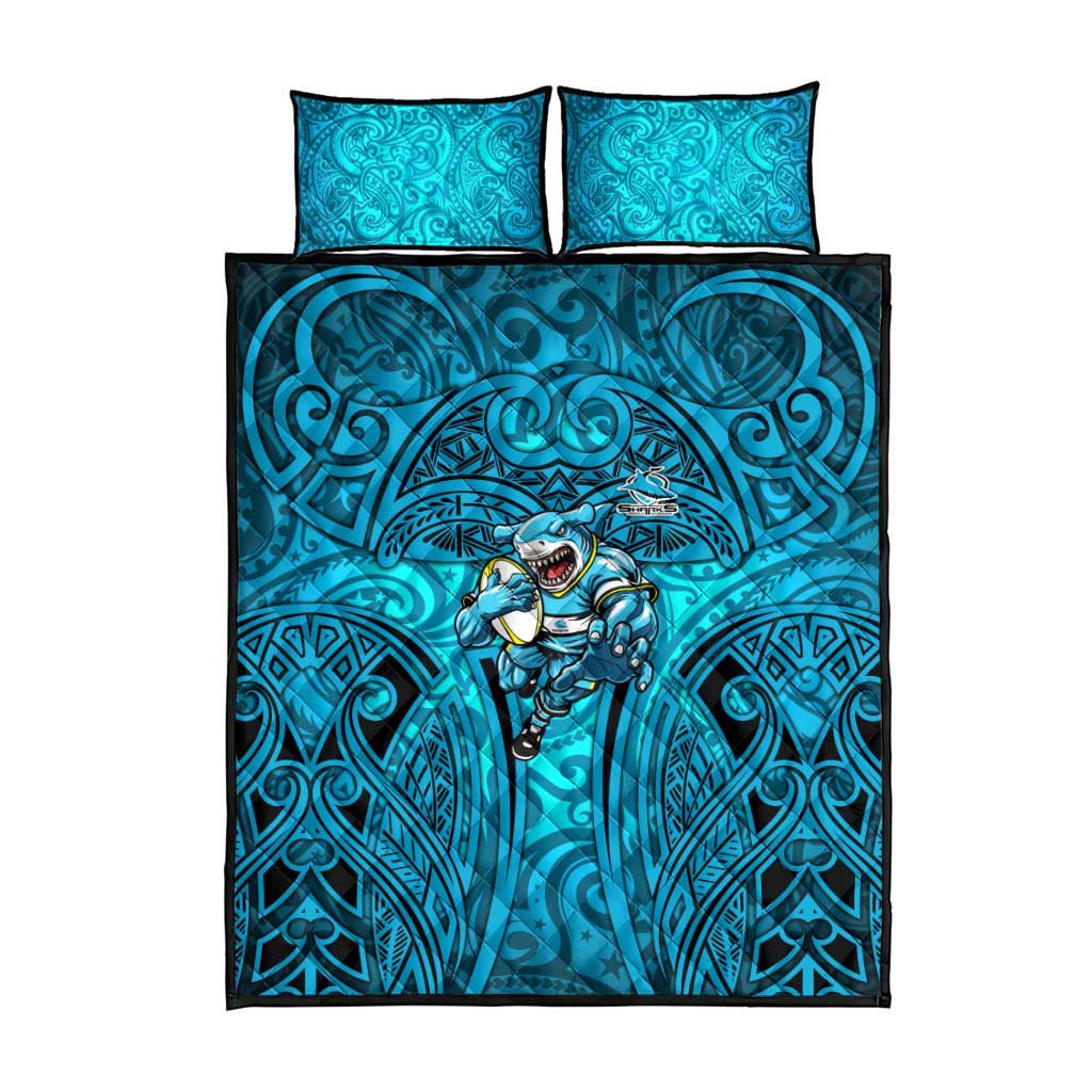 Cronulla Sutherland Sharks Rugby Quilt Bed Set Polynesian Tribal Shark Warrior Ocean Blue Pattern
