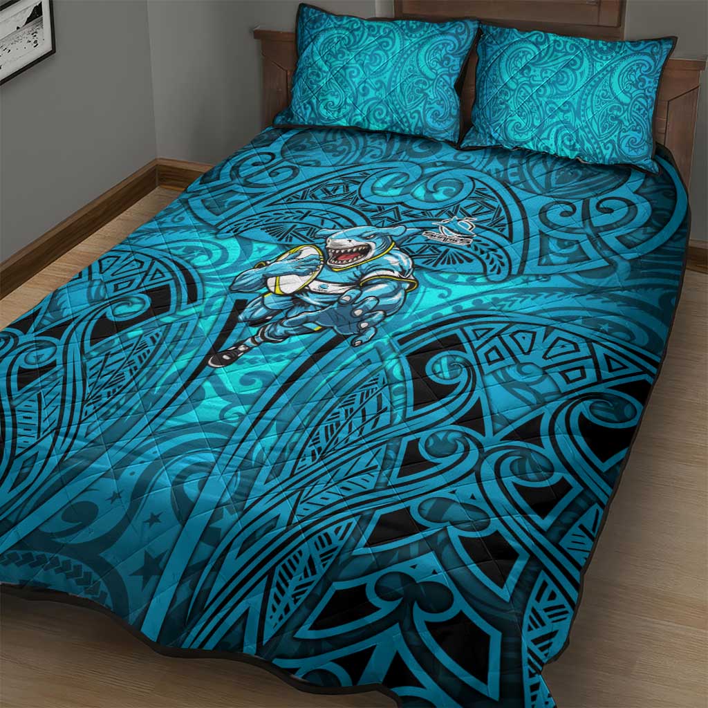 Cronulla Sutherland Sharks Rugby Quilt Bed Set Polynesian Tribal Shark Warrior Ocean Blue Pattern