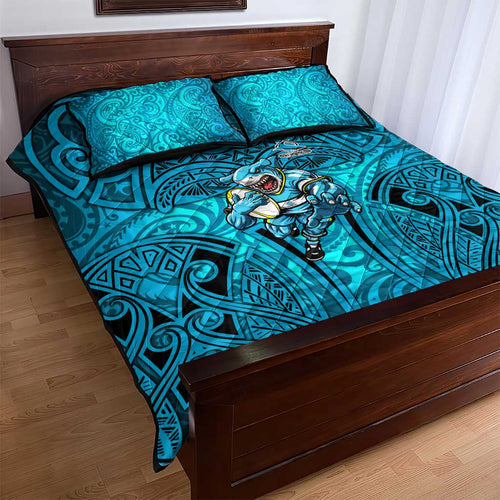 Cronulla Sutherland Sharks Rugby Quilt Bed Set Polynesian Tribal Shark Warrior Ocean Blue Pattern