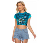 Cronulla Sutherland Sharks Rugby Raglan Cropped T Shirt Polynesian Tribal Shark Warrior Ocean Blue Pattern