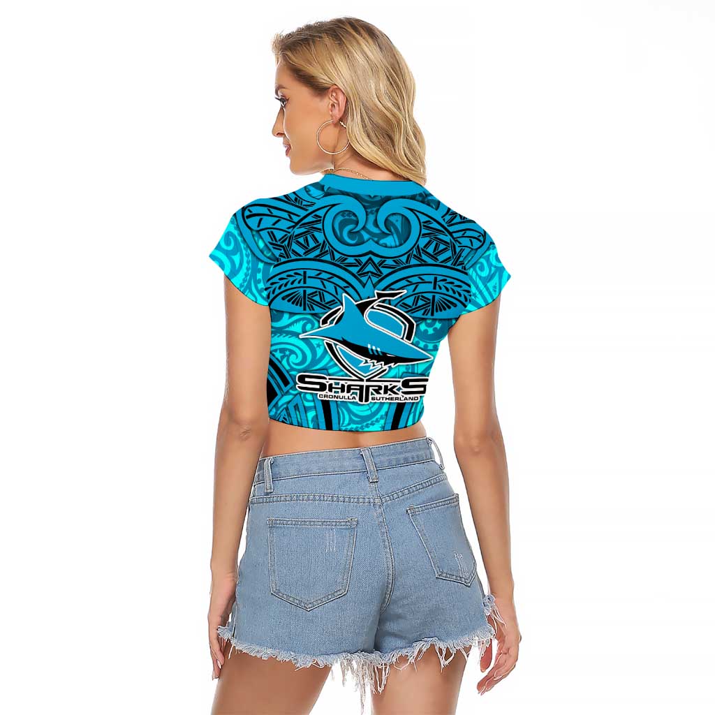 Cronulla Sutherland Sharks Rugby Raglan Cropped T Shirt Polynesian Tribal Shark Warrior Ocean Blue Pattern