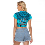 Cronulla Sutherland Sharks Rugby Raglan Cropped T Shirt Polynesian Tribal Shark Warrior Ocean Blue Pattern