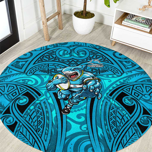 Cronulla Sutherland Sharks Rugby Round Carpet Polynesian Tribal Shark Warrior Ocean Blue Pattern
