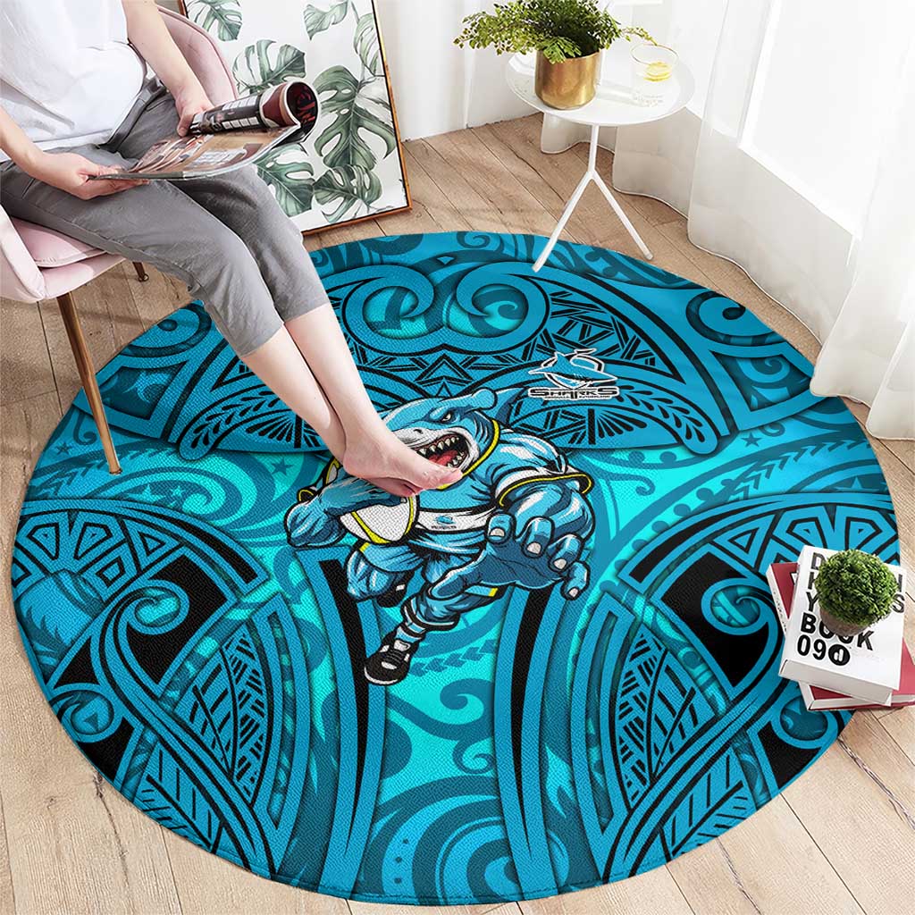 Cronulla Sutherland Sharks Rugby Round Carpet Polynesian Tribal Shark Warrior Ocean Blue Pattern