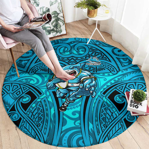 Cronulla Sutherland Sharks Rugby Round Carpet Polynesian Tribal Shark Warrior Ocean Blue Pattern