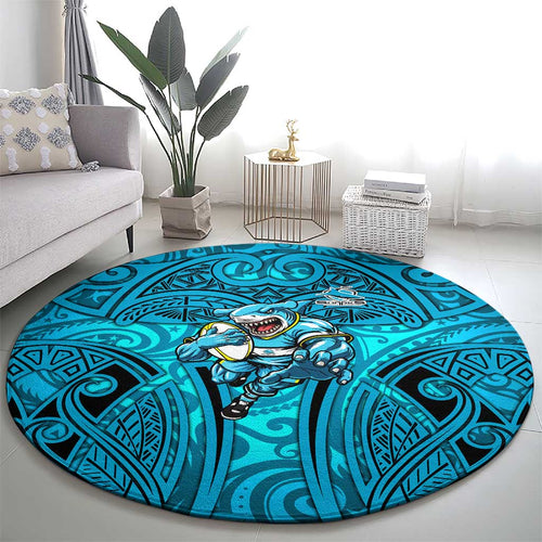 Cronulla Sutherland Sharks Rugby Round Carpet Polynesian Tribal Shark Warrior Ocean Blue Pattern