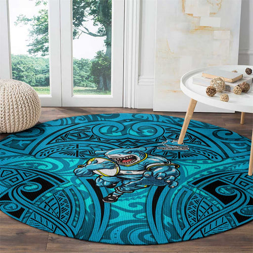 Cronulla Sutherland Sharks Rugby Round Carpet Polynesian Tribal Shark Warrior Ocean Blue Pattern