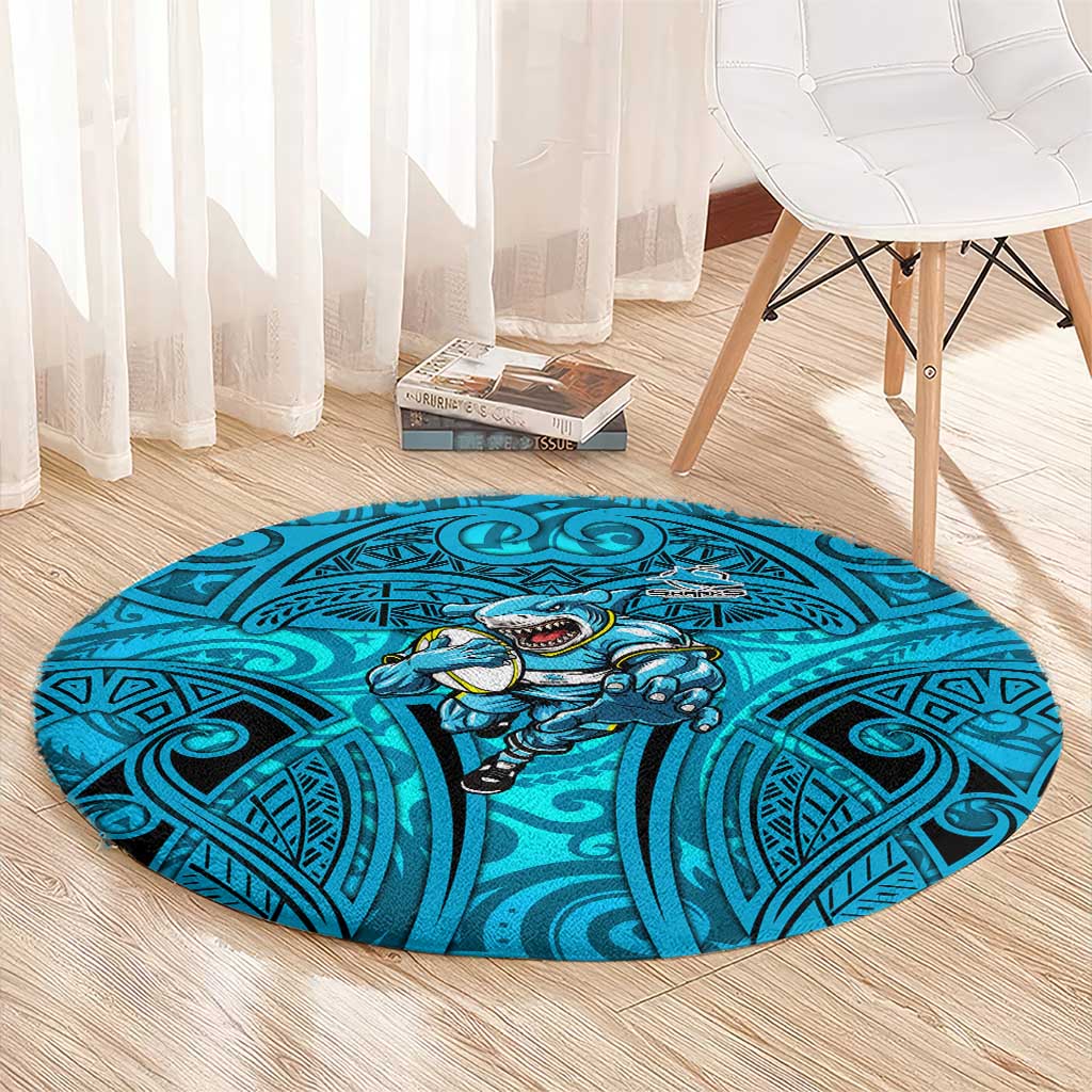 Cronulla Sutherland Sharks Rugby Round Carpet Polynesian Tribal Shark Warrior Ocean Blue Pattern
