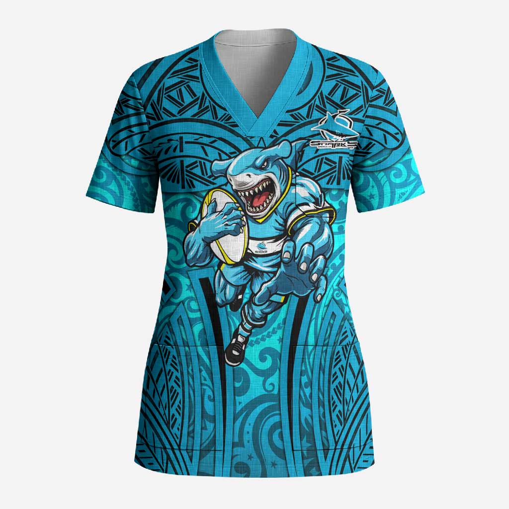 Cronulla Sutherland Sharks Rugby Scrub Top Polynesian Tribal Shark Warrior Ocean Blue Pattern