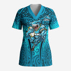Cronulla Sutherland Sharks Rugby Scrub Top Polynesian Tribal Shark Warrior Ocean Blue Pattern