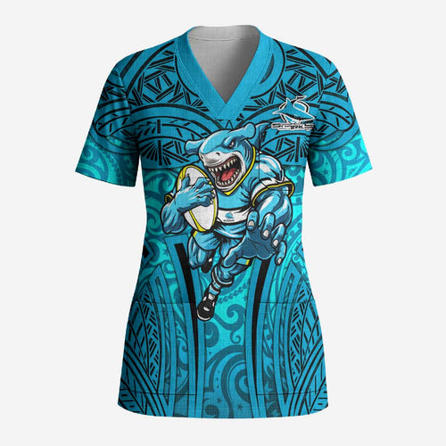 Cronulla Sutherland Sharks Rugby Scrub Top Polynesian Tribal Shark Warrior Ocean Blue Pattern