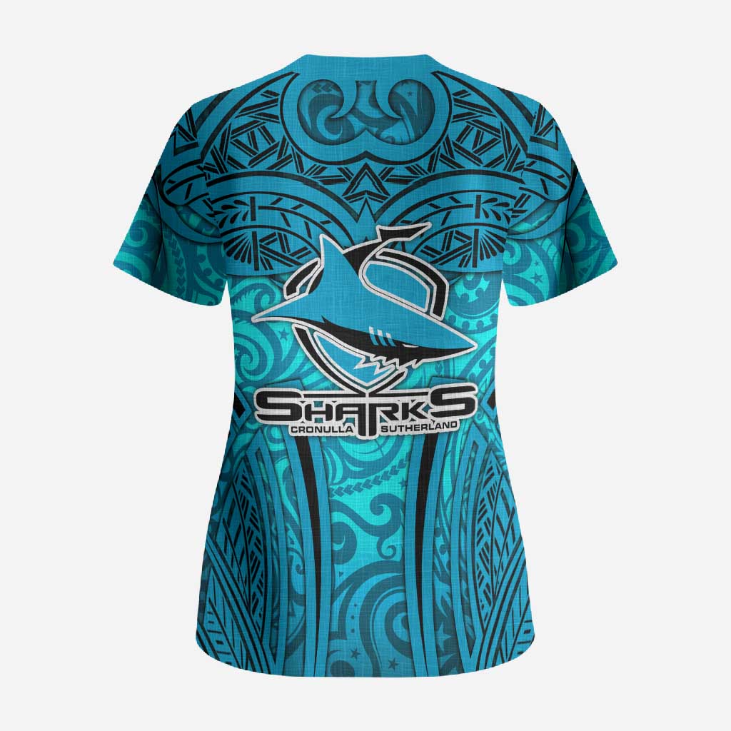Cronulla Sutherland Sharks Rugby Scrub Top Polynesian Tribal Shark Warrior Ocean Blue Pattern