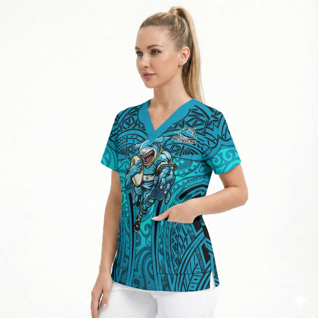 Cronulla Sutherland Sharks Rugby Scrub Top Polynesian Tribal Shark Warrior Ocean Blue Pattern