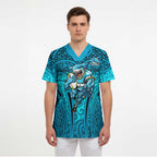 Cronulla Sutherland Sharks Rugby Scrub Top Polynesian Tribal Shark Warrior Ocean Blue Pattern