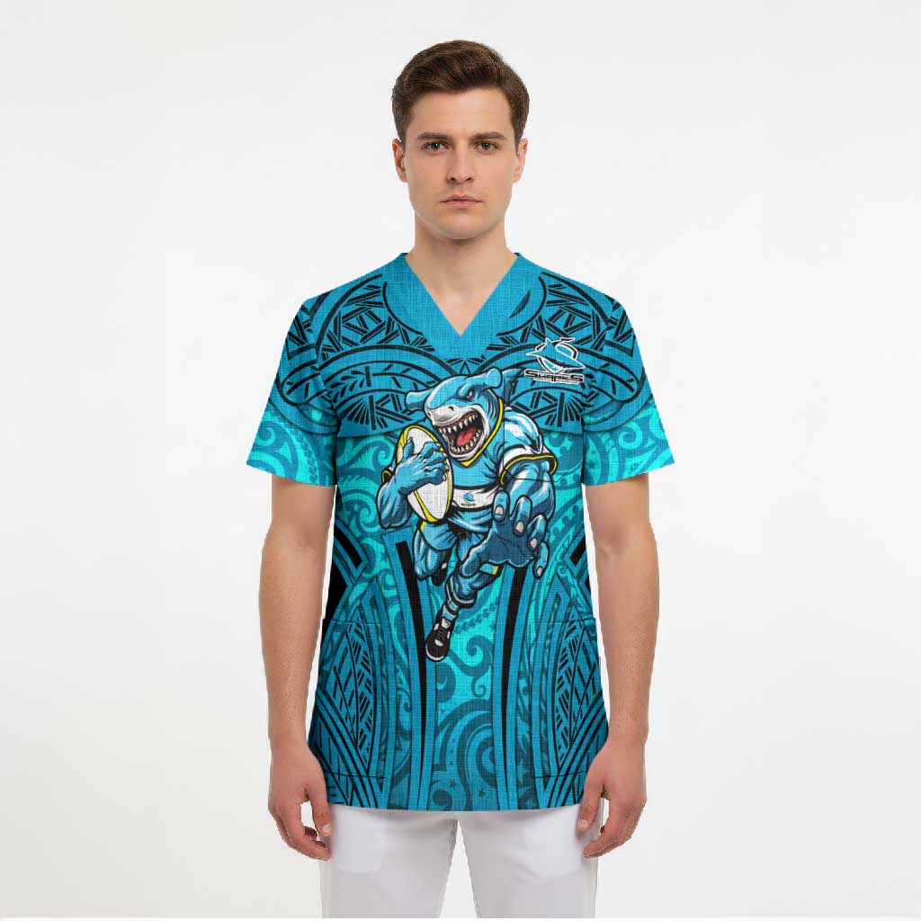 Cronulla Sutherland Sharks Rugby Scrub Top Polynesian Tribal Shark Warrior Ocean Blue Pattern
