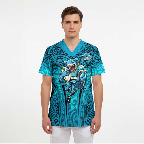 Cronulla Sutherland Sharks Rugby Scrub Top Polynesian Tribal Shark Warrior Ocean Blue Pattern