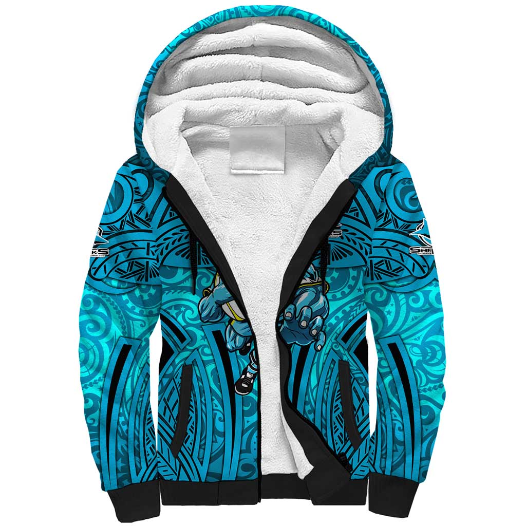 Cronulla Sutherland Sharks Rugby Sherpa Hoodie Polynesian Tribal Shark Warrior Ocean Blue Pattern