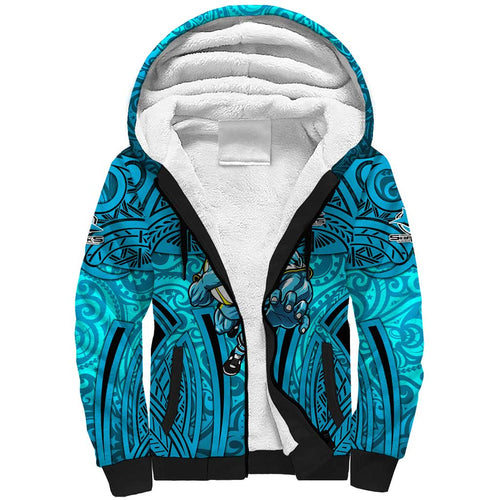 Cronulla Sutherland Sharks Rugby Sherpa Hoodie Polynesian Tribal Shark Warrior Ocean Blue Pattern