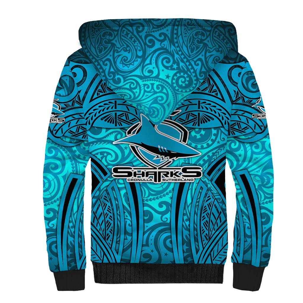 Cronulla Sutherland Sharks Rugby Sherpa Hoodie Polynesian Tribal Shark Warrior Ocean Blue Pattern