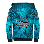 Cronulla Sutherland Sharks Rugby Sherpa Hoodie Polynesian Tribal Shark Warrior Ocean Blue Pattern