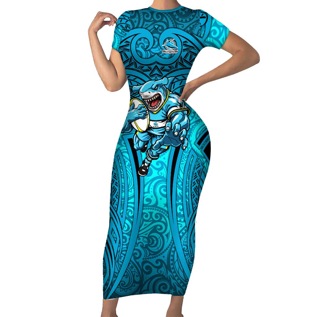 Cronulla Sutherland Sharks Rugby Short Sleeve Bodycon Dress Polynesian Tribal Shark Warrior Ocean Blue Pattern