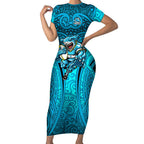 Cronulla Sutherland Sharks Rugby Short Sleeve Bodycon Dress Polynesian Tribal Shark Warrior Ocean Blue Pattern