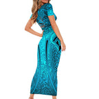 Cronulla Sutherland Sharks Rugby Short Sleeve Bodycon Dress Polynesian Tribal Shark Warrior Ocean Blue Pattern
