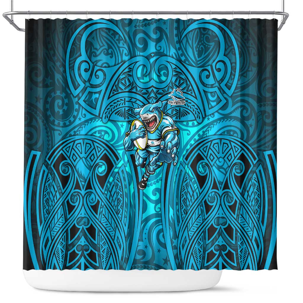 Cronulla Sutherland Sharks Rugby Shower Curtain Polynesian Tribal Shark Warrior Ocean Blue Pattern