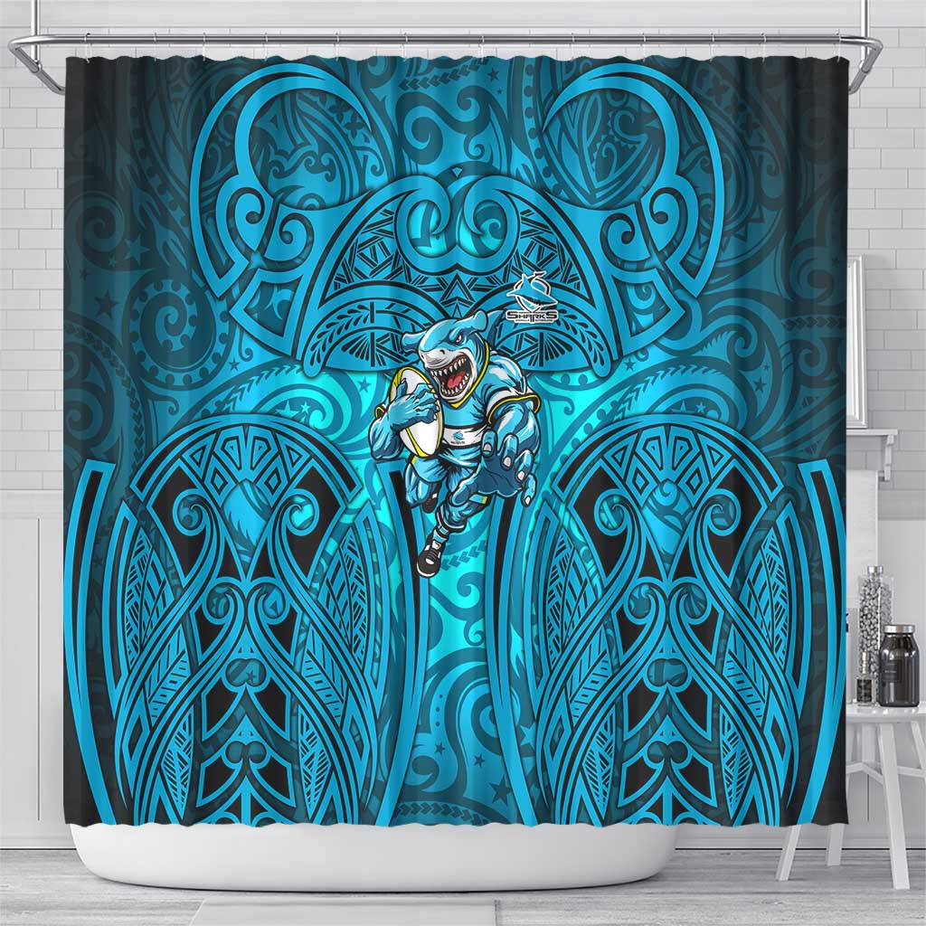 Cronulla Sutherland Sharks Rugby Shower Curtain Polynesian Tribal Shark Warrior Ocean Blue Pattern