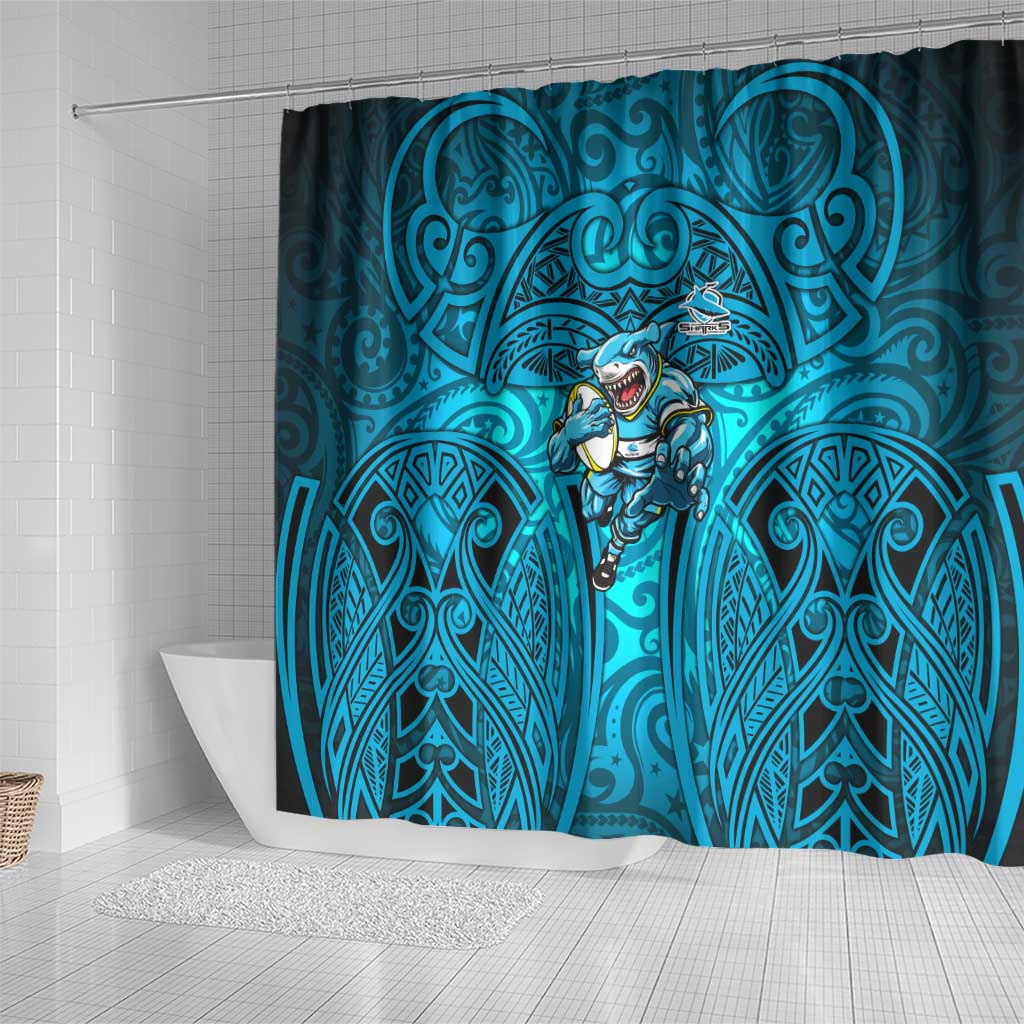 Cronulla Sutherland Sharks Rugby Shower Curtain Polynesian Tribal Shark Warrior Ocean Blue Pattern